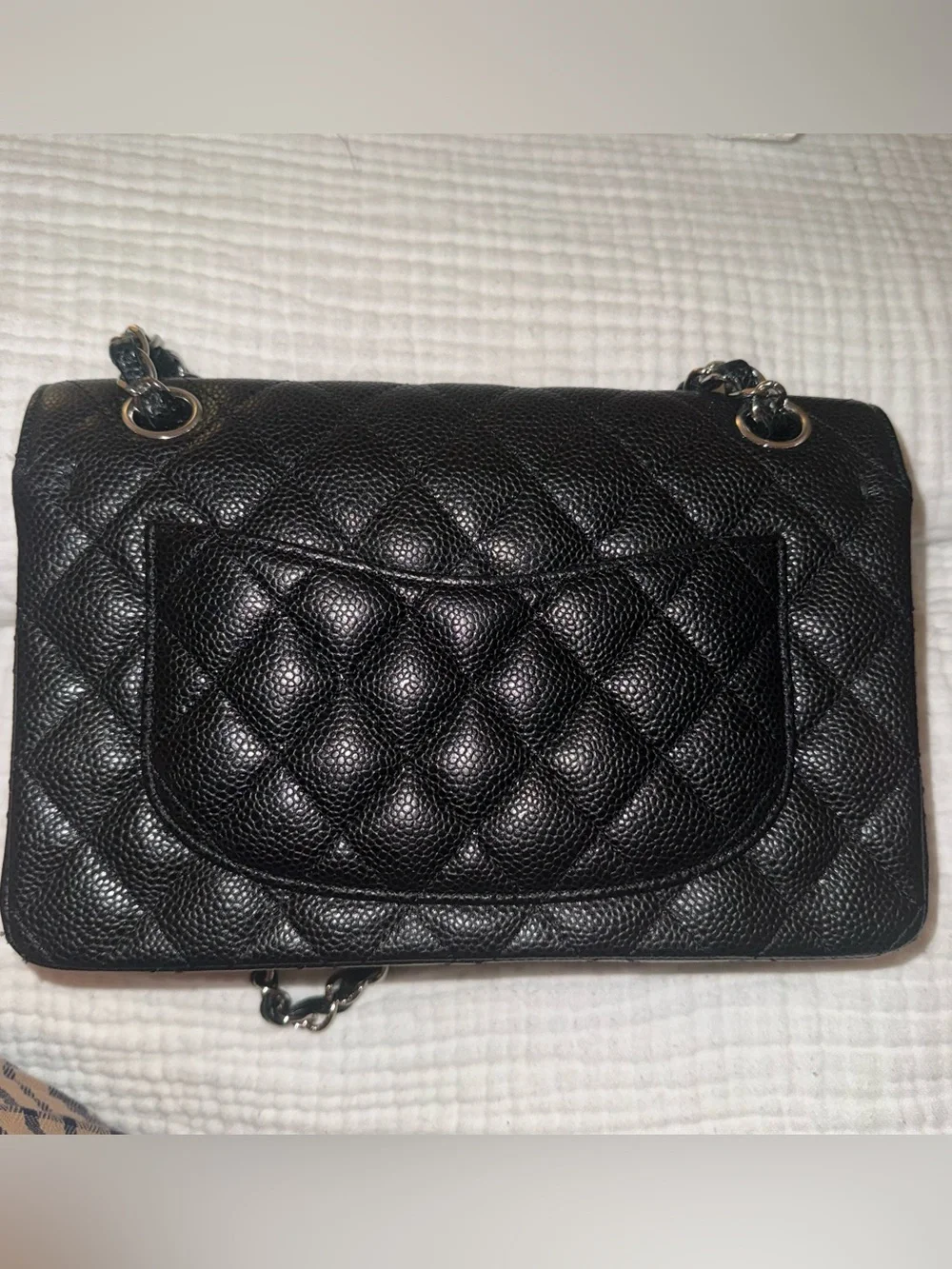 CHANEL Black Quilted Caviar Leather Shoulder Bag with Silver Hardware